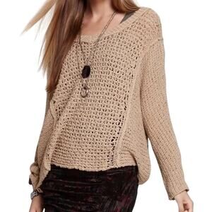 Free People Baja Laguna Coast Oversized Crochet Open Knit Tan V-Neck Sweater XS